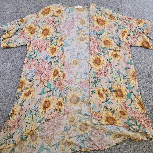 Maurices‎ Top Womens Lg Multicolor Poppy Floral Cinched Sleeve Open Front - Picture 2 of 8